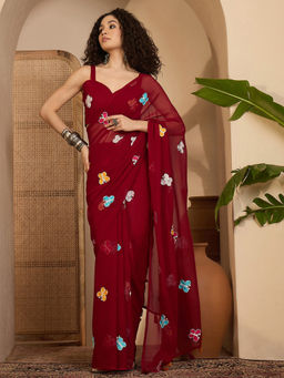 SATRANI - Maroon Embroidery Tassels Georgette Saree with Unstitched Blouse