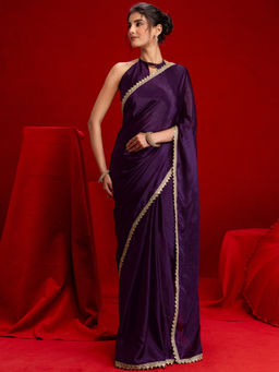 SATRANI - Dark Purple Lace Chinon Chiffon Saree with Unstitched Blouse