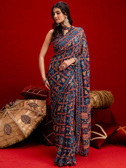 SATRANI - Navy Blue Mirror Work Scalloped Border Georgette Saree with Unstitched Blouse