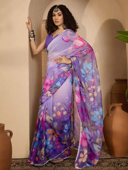 SATRANI - Lavender Floral Printed Lace Georgette Saree with Unstitched Blouse