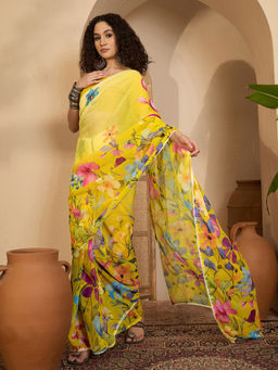 SATRANI - Light Yellow Floral Printed Lace Georgette Saree with Unstitched Blouse