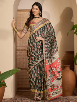 SATRANI - Black Floral Printed Zari Patta Cotton Silk Saree with Unstitched Blouse