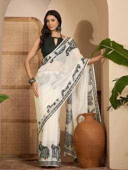 SATRANI - Off-White Printed Tassels Linen Saree with Unstitched Blouse