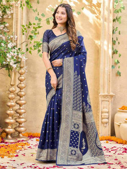 SATRANI - Navy Blue Weaving Silk Saree with Unstitched Blouse