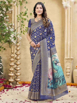 SATRANI - Navy Blue Weaving Silk Saree with Unstitched Blouse