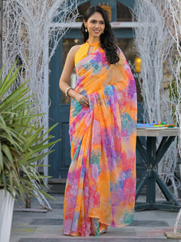 SATRANI - Multi-Color Printed Linen Saree with Unstitched Blouse