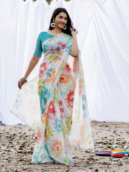 SATRANI - White Printed Linen Saree with Unstitched Blouse