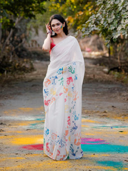 SATRANI - White Printed Linen Saree with Unstitched Blouse