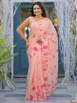 SATRANI - Peach Printed Linen Saree with Unstitched Blouse