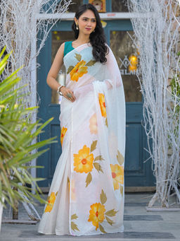 SATRANI - White Floral Printed Linen Saree with Unstitched Blouse