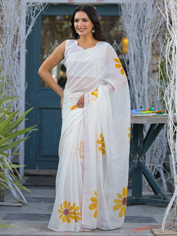 SATRANI - White Printed Linen Saree with Unstitched Blouse