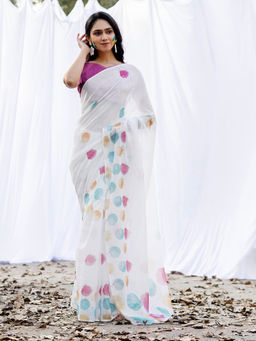 SATRANI - White Printed Linen Saree with Unstitched Blouse