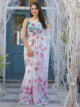 SATRANI - White Floral Printed Linen Saree with Unstitched Blouse