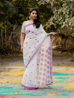 SATRANI - White Printed Linen Saree with Unstitched Blouse