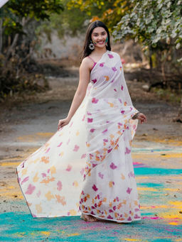 SATRANI - White Printed Linen Saree with Unstitched Blouse
