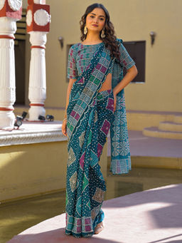 SATRANI - Teal Mirror Work Scallop Border Georgette Saree with Unstitched Blouse