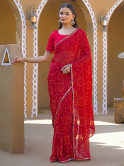 SATRANI - Maroon Bandhani Printed Lace Georgette Saree with Unstitched Blouse