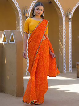SATRANI - Orange Bandhani Printed Lace Georgette Saree with Unstitched Blouse