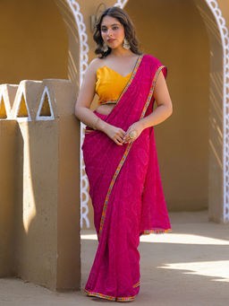 SATRANI - Rani Pink Bandhani Printed Lace Georgette Saree with Unstitched Blouse