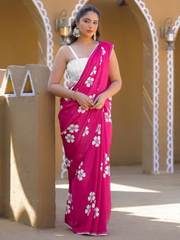 SATRANI - Pink Floral Printed Stone Work Tassels Chinon Saree with Unstitched Blouse
