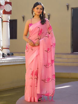SATRANI - Light Pink Floral Printed Satin Patta Tassels Linen Saree with Unstitched Blouse