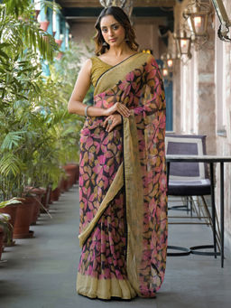 SATRANI - Black Printed Lace Chiffon Saree with Unstitched Blouse