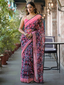 SATRANI - Black Printed Lace Chiffon Saree with Unstitched Blouse