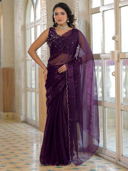 SATRANI - Wine Scalloped Border Shimmer Chiffon Saree with Unstitched Blouse