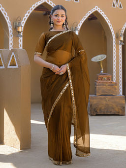 SATRANI - Coffee Brown Mirror Work Lace Net Saree with Unstitched Blouse