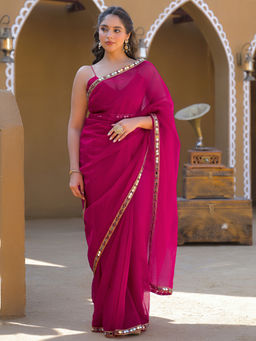 SATRANI - Rani Pink Mirror Work Lace Net Saree with Unstitched Blouse
