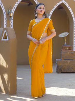 SATRANI - Yellow Mirror Work Lace Net Saree with Unstitched Blouse