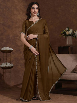 SATRANI - Coffee Brown Stone Work Scalloped Border Chiffon Saree with Unstitched Blouse