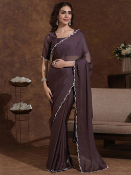 SATRANI - Brown Stone Work Scalloped Border Chiffon Saree with Unstitched Blouse