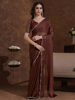 SATRANI - Coffee Brown Stone Work Scalloped Border Chiffon Saree with Unstitched Blouse