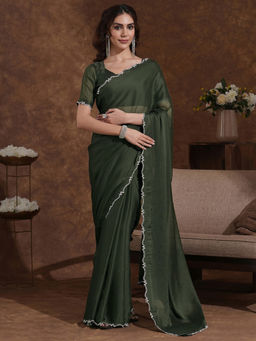 SATRANI - Olive Stone Work Scalloped Border Chiffon Saree with Unstitched Blouse