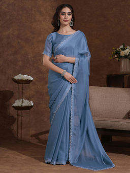 SATRANI - Grey Stone Work Scalloped Border Chiffon Saree with Unstitched Blouse