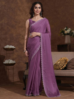 SATRANI - Mauve Stone Work Scalloped Border Chiffon Saree with Unstitched Blouse