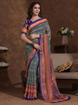 SATRANI - Dusty Green Floral Printed Weaving Georgette Saree with Unstitched Blouse