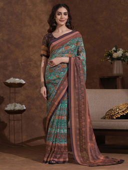 SATRANI - Light Green Floral Printed Weaving Georgette Saree with Unstitched Blouse