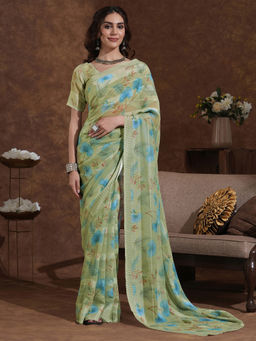 SATRANI - Pista Green Printed Weaving Georgette Saree with Unstitched Blouse