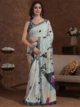 SATRANI - Grey Printed Weaving Tassels Silk Saree with Unstitched Blouse