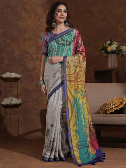 SATRANI - Multi-Color Printed Weaving Tassels Silk Saree with Unstitched Blouse