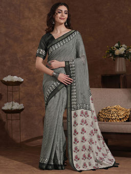 SATRANI - Black Checks Printed Weaving Tassels Silk Saree with Unstitched Blouse
