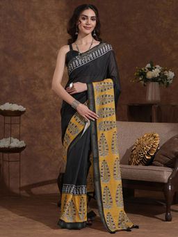 SATRANI - Black Printed Weaving Tassels Silk Saree with Unstitched Blouse