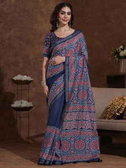 SATRANI - Navy Blue Printed Weaving Tassels Silk Saree with Unstitched Blouse