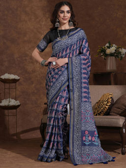 SATRANI - Navy Blue Paisley Printed Weaving Tassels Silk Saree with Unstitched Blouse