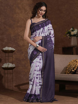 SATRANI - Off White and Dark Violet Printed Weaving Tassels Silk Saree with Unstitched Blouse
