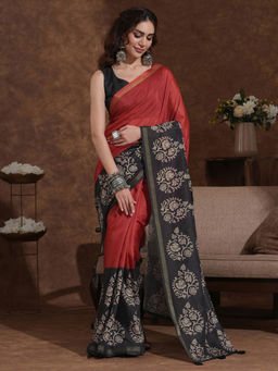 SATRANI - Orange and Black Printed Weaving Tassels Silk Saree with Unstitched Blouse