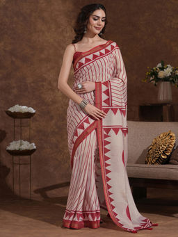 SATRANI - Dusty Peach Stripes Printed Weaving Tassels Silk Saree with Unstitched Blouse