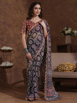 SATRANI - Black Floral Printed Georgette Saree with Unstitched Blouse